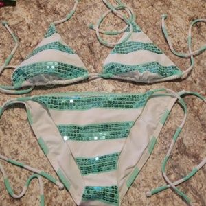 White and teal stripped bikini